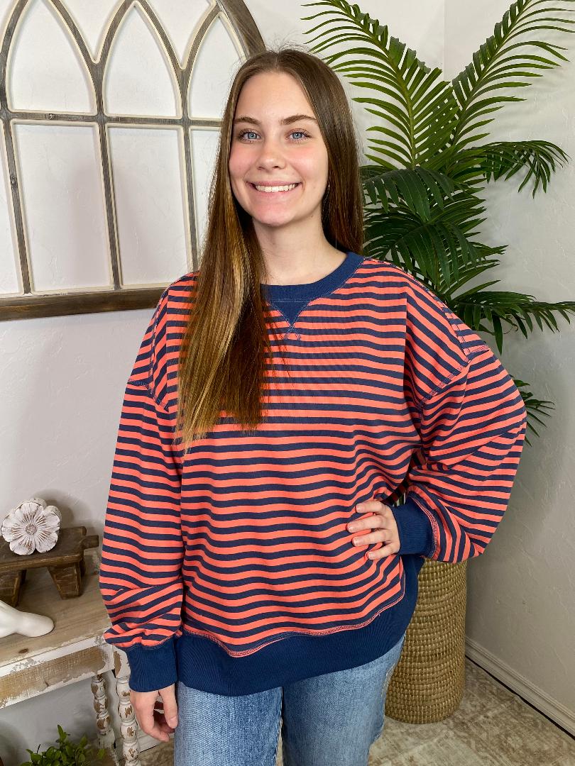 Coral and Navy Striped Top