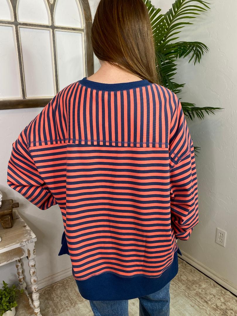 Coral and Navy Striped Top