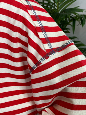 Red and Cream Striped Sweatshirt with Navy Trim