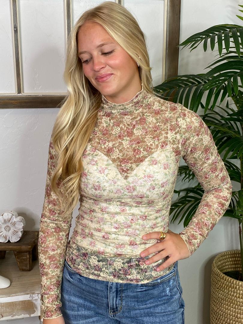 Beige Floral Sheer Lace Top