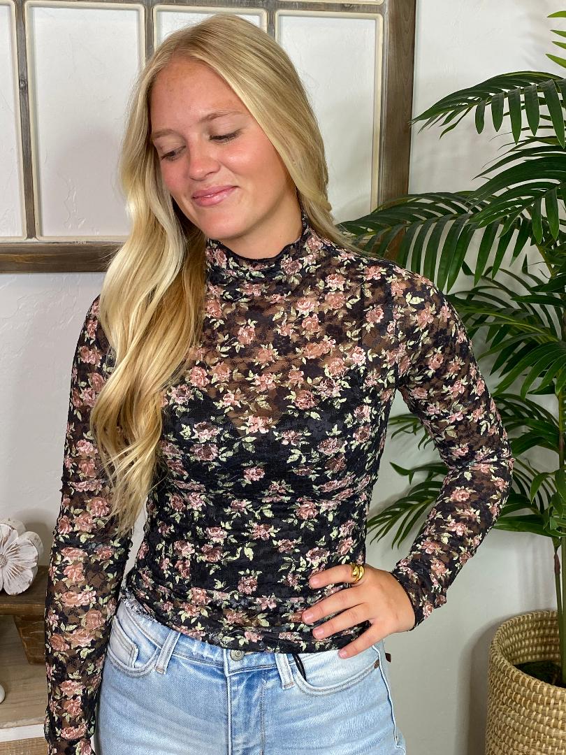 Black Floral Sheer Lace Top