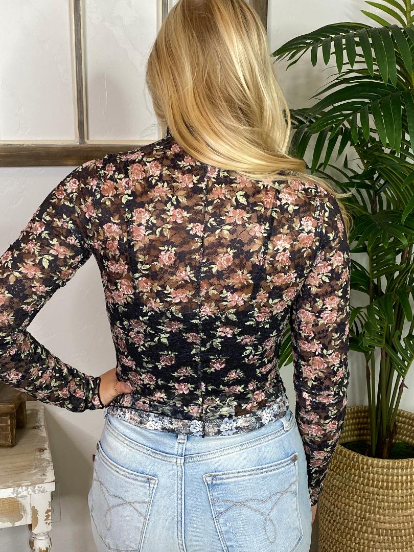 Black Floral Sheer Lace Top