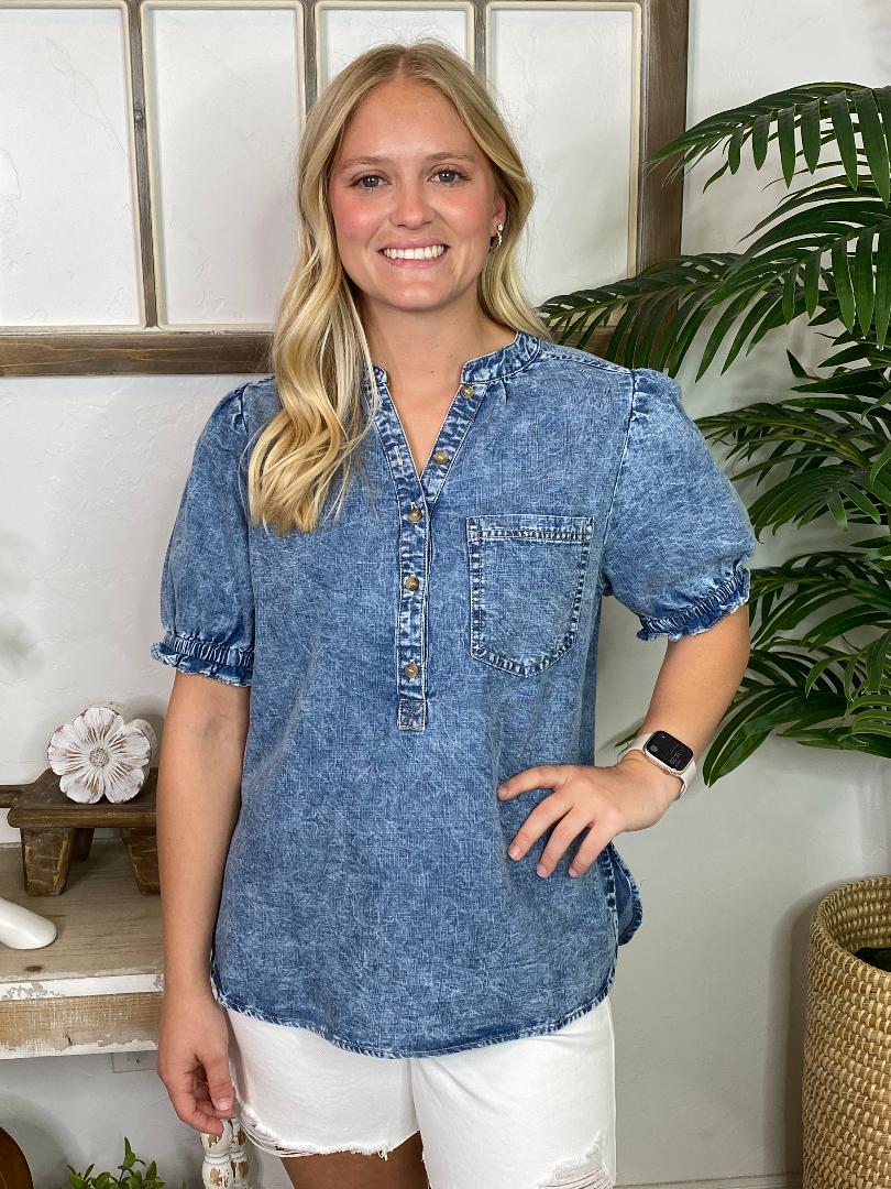 Chambray Mineral Washed Denim Top in 2 Colors