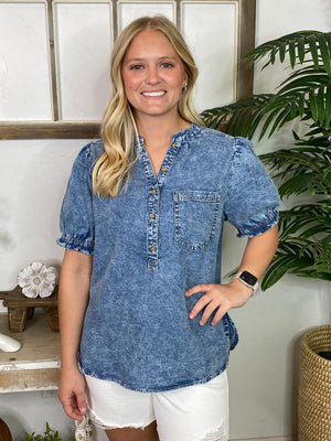 Chambray Mineral Washed Denim Top in 2 Colors