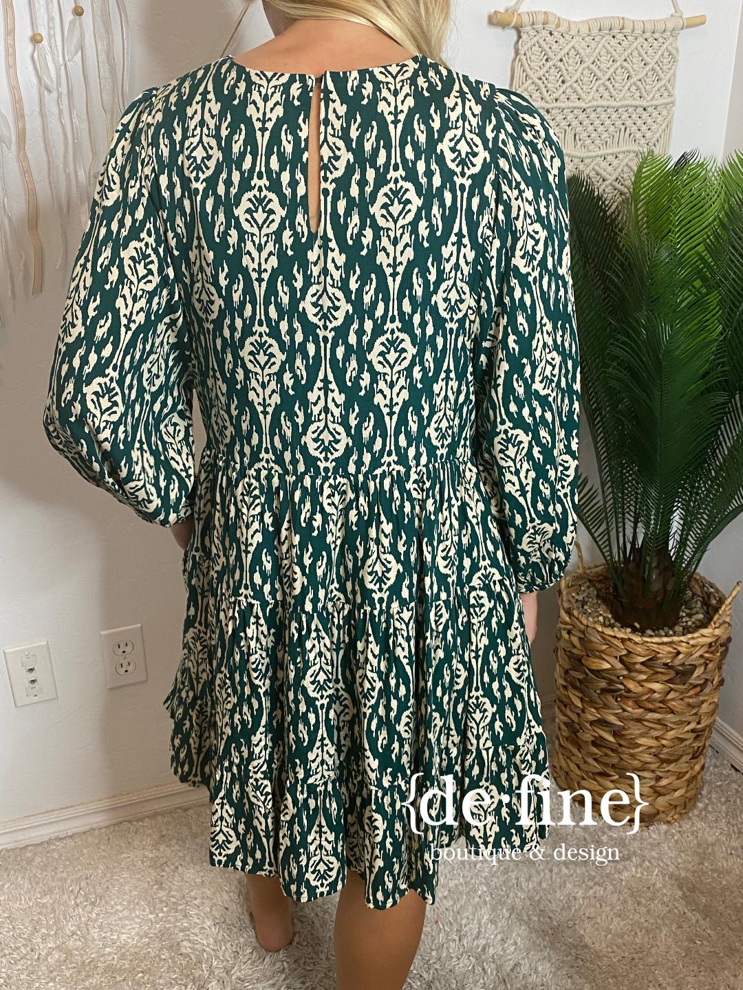 Green and Ivory Damask Dress with Pockets