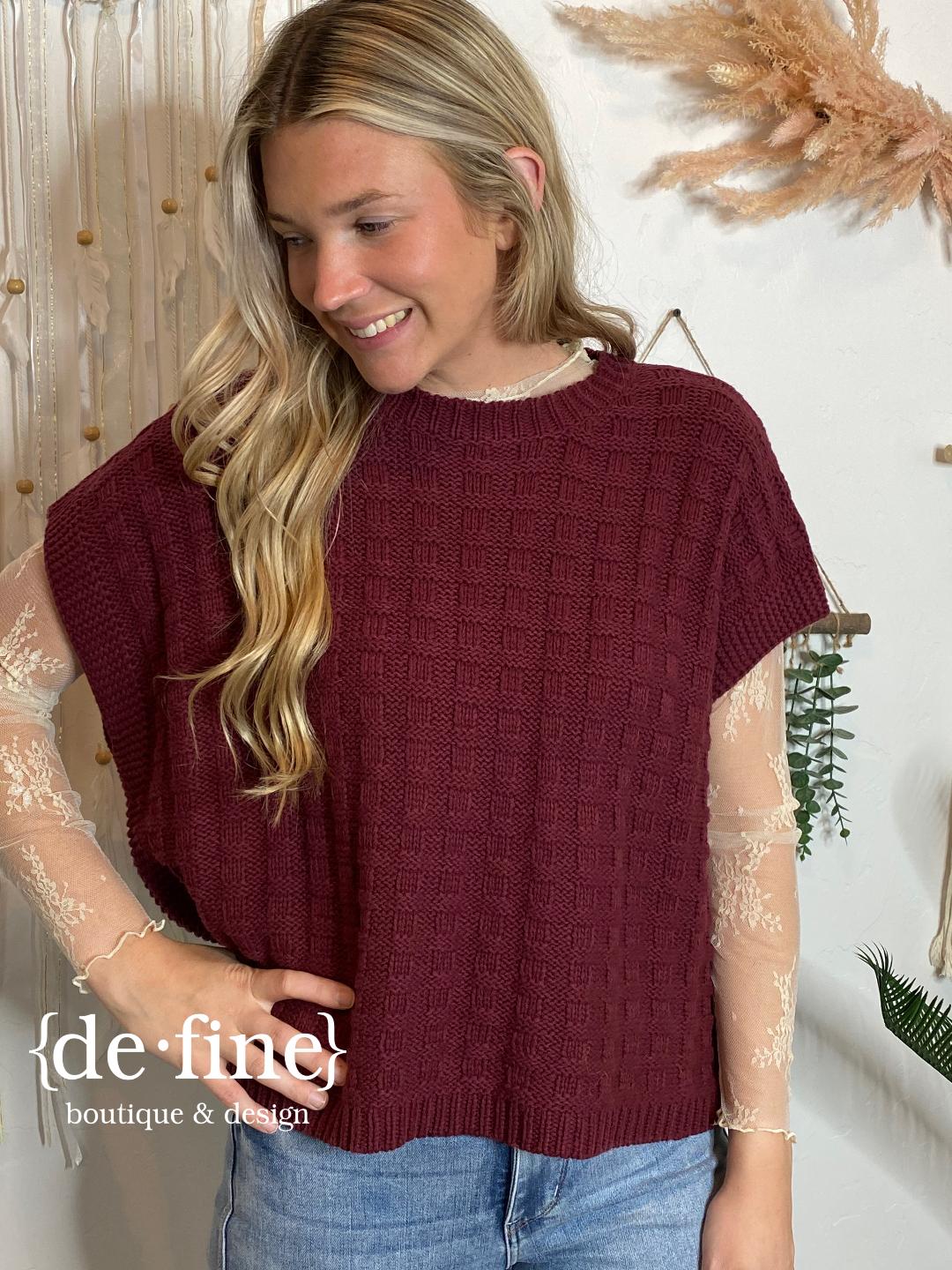 Wine Checker Textured Boxy Short Sleeve Sweater