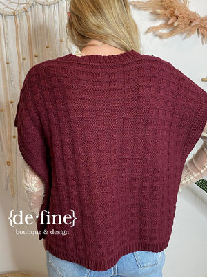 Wine Checker Textured Boxy Short Sleeve Sweater