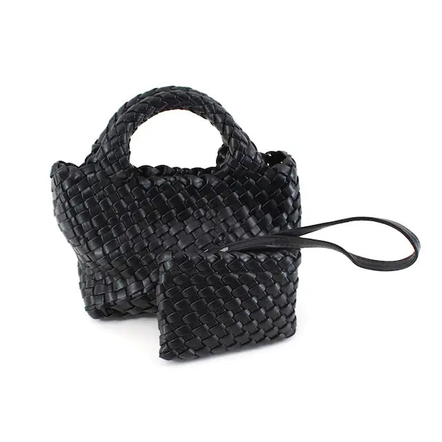 Small Woven Leather Bag with Cosmetic Bag & Crossbody Strap