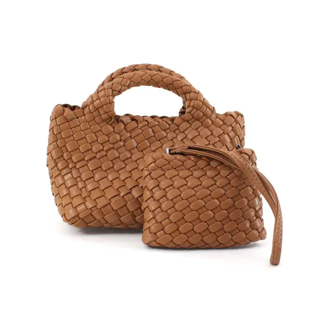 Small Woven Leather Bag with Cosmetic Bag & Crossbody Strap