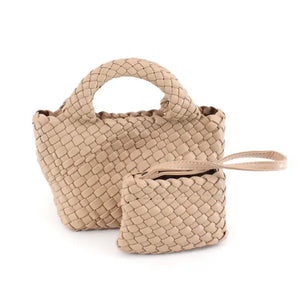 Small Woven Leather Bag with Cosmetic Bag & Crossbody Strap