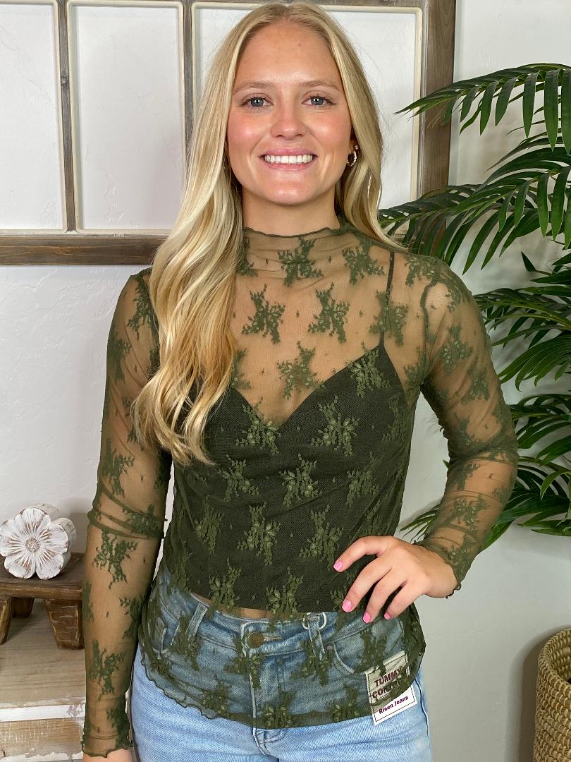 Dark Olive Long Sleeve Sheer Lace Top