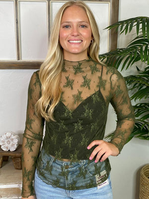 Dark Olive Long Sleeve Sheer Lace Top