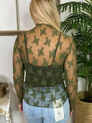Dark Olive Long Sleeve Sheer Lace Top
