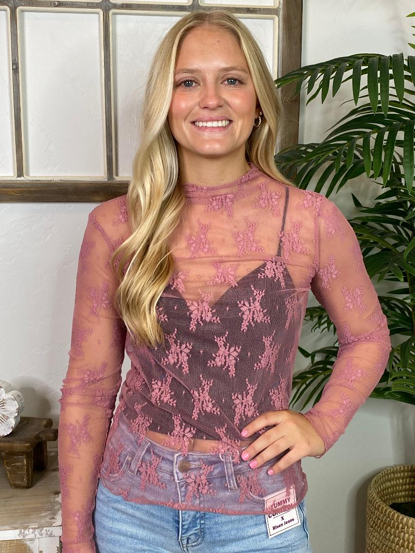 Rose Long Sleeve Sheer Lace Top