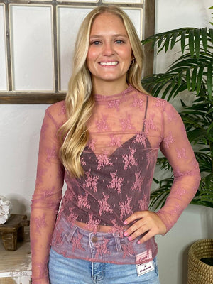 Rose Long Sleeve Sheer Lace Top
