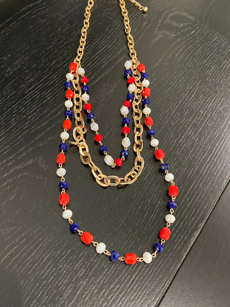 Red White Blue 3 Layered Beaded and Gold Necklace