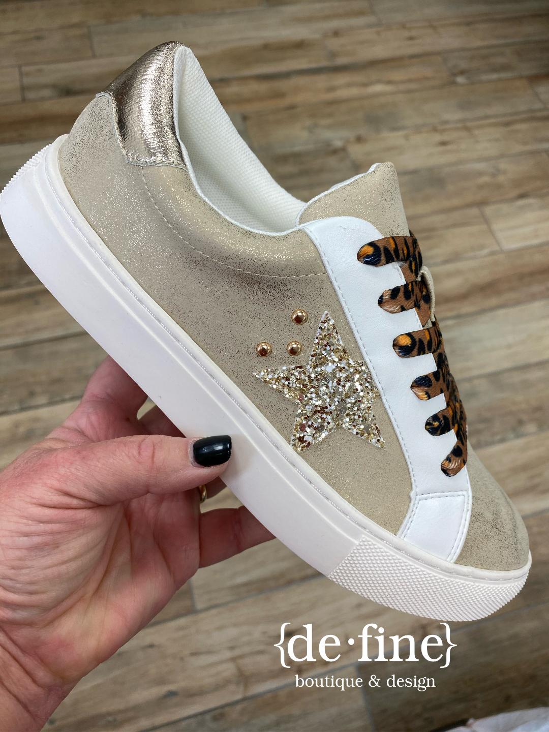 Corky's Gold Metallic Sneakers with Gold Star & Leopard Laces