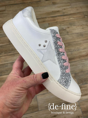 Corky's White Sneakers with Silver Glitter and Pink Laces