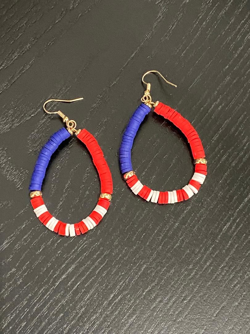 Red White Blue Disc Beads Teardrop Patriotic Earrings