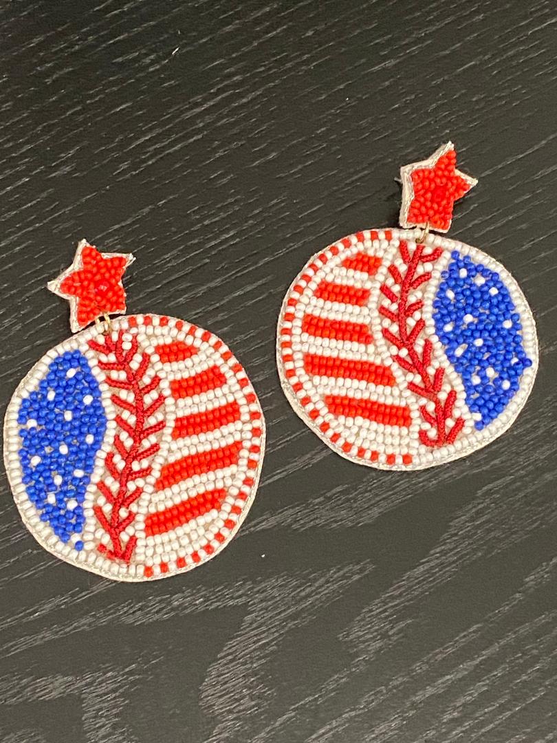 American Flag Baseball Beaded Patriotic Earrings