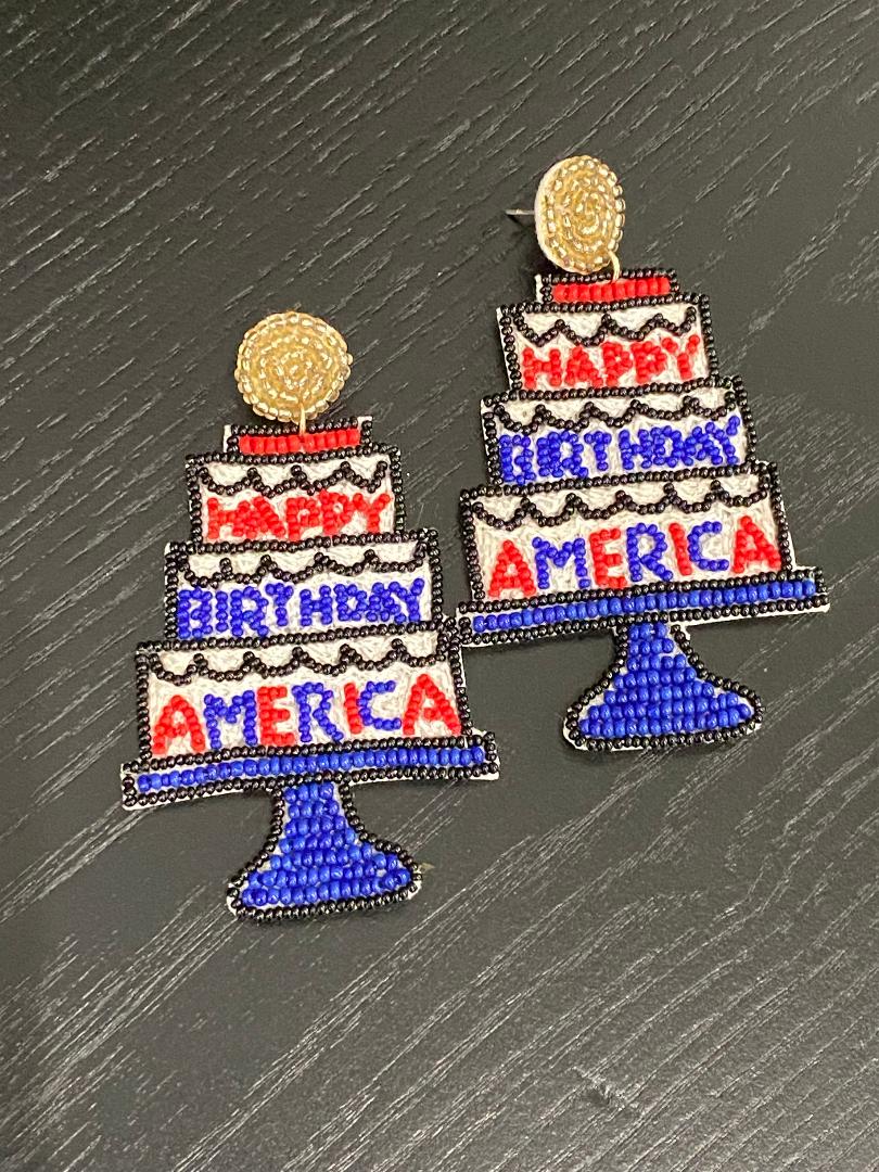 Happy Birthday America Cake Beaded Patriotic Earrings