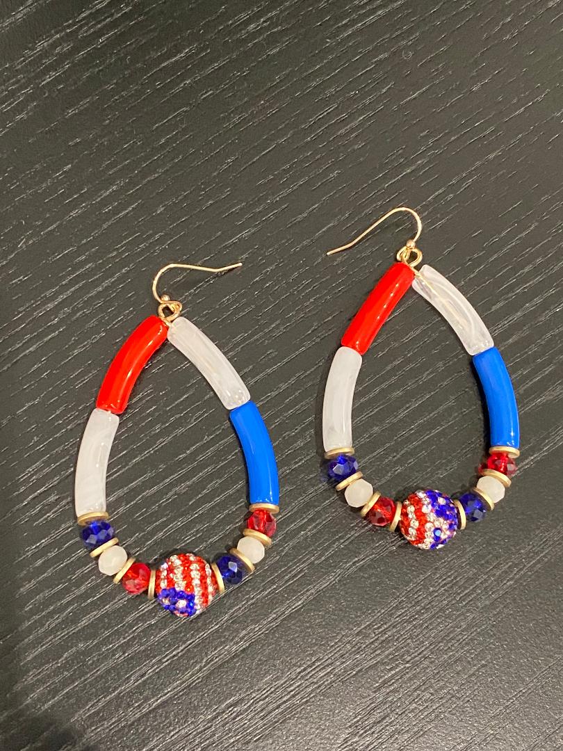 Red White Blue Long Bead with Rhinestone Bead Teardrop Patriotic Earrings