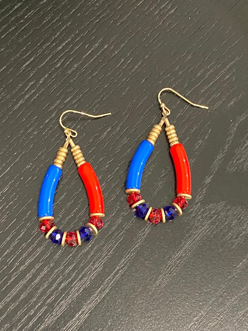 Red Blue Gold Long Bead Teardrop Patriotic Earrings