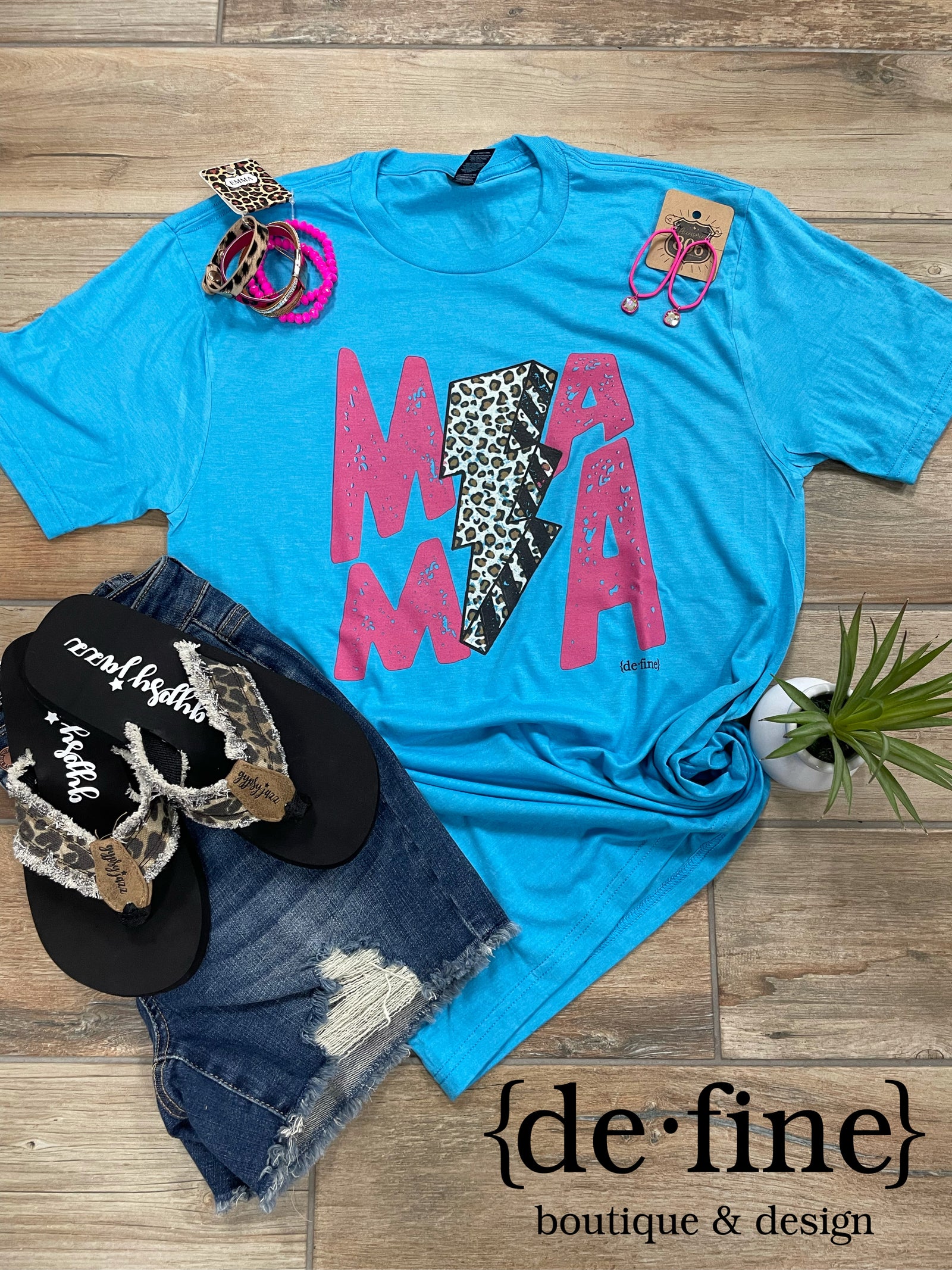 Mama Leopard Lightning Bolt on Turquoise Tee