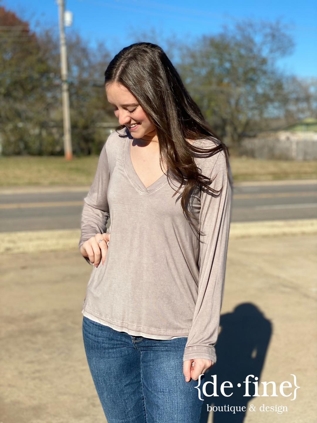 Vintage Washed Long Sleeve V-neck Tees in 3 Colors