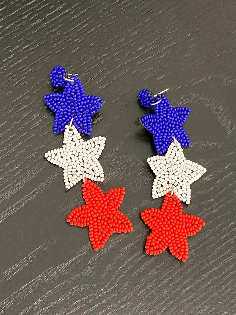 Blue Red White Beaded Stars Patriotic Earrings