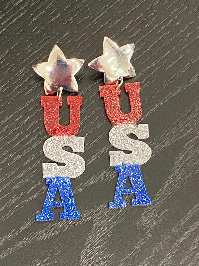 USA Glitter with Silver Star Patriotic Earrings
